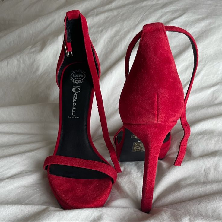 Jeffrey Campbell Finola Heels In Red Suede. Never Worn. High Heel, Platform, And Single Strap Around Ankle For Support. Size 8.5 5 Inch Heel 1 Inch Platform True To Size Smoke And Pet Free Home! Red Heels With Heel Strap For Night Out, Red High Heel Shoes With Heel Loop, Party Suede Heels With Red Sole, Red Suede Open Heel Heels, Red Suede Heels For Party, Red Suede Ankle Strap Heels, Suede High Heels With Red Sole, Red Suede Open Toe Heels, Elegant Suede Heels With Red Sole