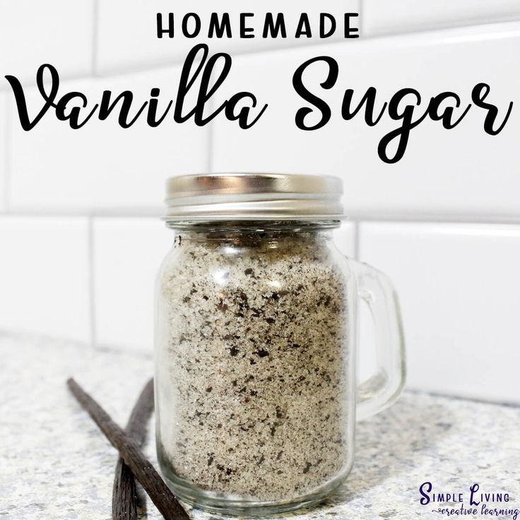 homemade vanilla sugar in a glass jar on a counter