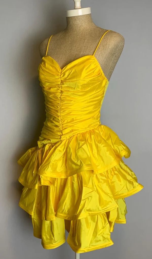 Spaghetti Straps A-line Yellow Layered Ruffled Sleeveless Short Homeco – Weitese Dress Yellow Ruffled Sleeveless Party Dress, Yellow A-line Mini Dress With Ruffles, Yellow Dresses With Ruffled Straps For Party, Yellow Party Dress With Ruffled Straps, Elegant Yellow Sleeveless Dress With Ruffles, Sleeveless Pleated Dress With Spaghetti Straps For Summer, Pleated Sleeveless Dress With Spaghetti Straps For Summer, Summer Sleeveless Pleated Dress With Spaghetti Straps, Summer Pleated Sleeveless Dress With Spaghetti Straps