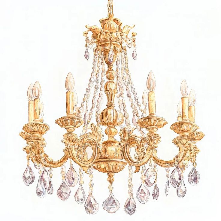 a gold chandelier with crystal drops hanging from it