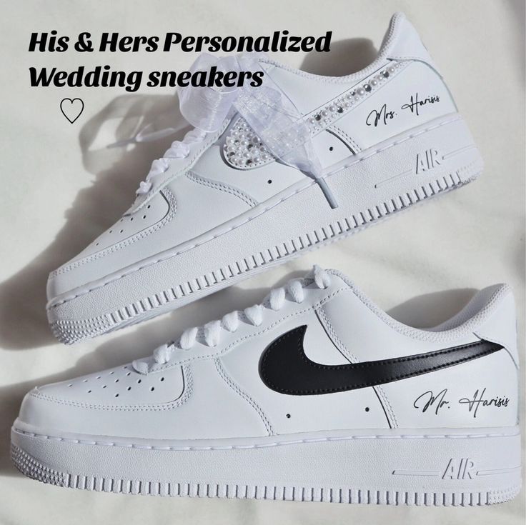 a pair of white nike air force sneakers with the words his and her personalized wedding sneakers