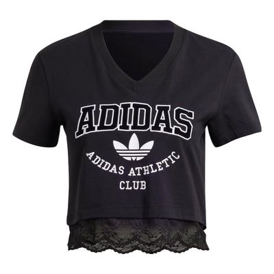 (WMNS) adidas Originals Cropped Lace Trim T-shirt 'Black' IL2417 Collegiate Tops With Three Stripes For Streetwear, Sportswear Tops With Three Stripes Branding For Streetwear, Striped Sportswear Tops For Streetwear, Collegiate Black Tops With Three Stripes, Adidas Three Stripes Tops For Streetwear, Adidas Tops With Three Stripes For Streetwear, Adidas Streetwear Tops With Three Stripes Branding, Black Adidas Logo T-shirt For Sports Season, Adidas Cotton Sportswear Tops