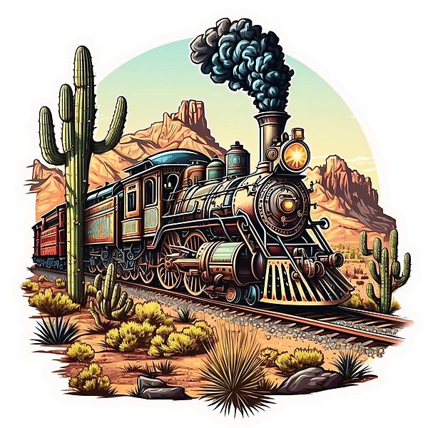 an old fashioned train traveling through the desert with cactus trees and mountains in the background