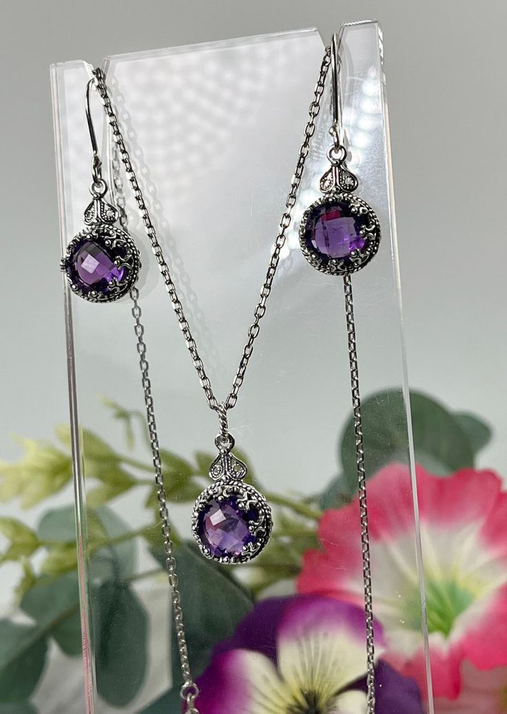 Amethyst Silver Necklace Earrings Mini Set 925 Sterling Silver - Etsy Fine Jewelry Dangle Earring Sets, Dangle Fine Jewelry Sets For Gifts, Fine Jewelry Dangle Sets For Gifts, Fine Jewelry Gift Sets With Dangle Earrings, Elegant Purple Earrings As A Gift For Her, Elegant Purple Earrings For Her, Fine Jewelry Amethyst Earrings For Pierced Ears, Sterling Silver Drop Earrings Jewelry Sets As Gifts, Purple Fine Jewelry With Matching Earrings