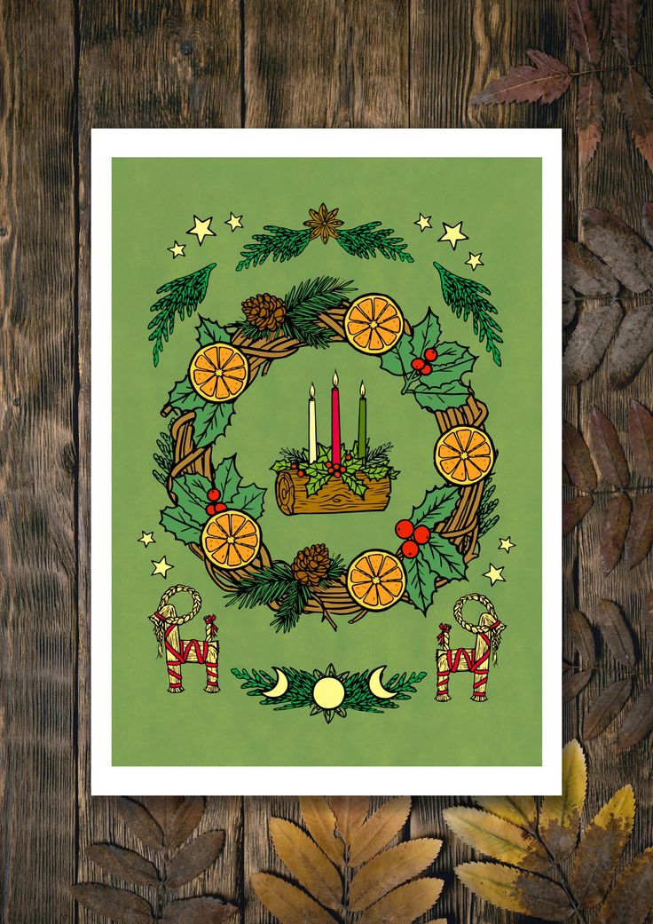 a christmas wreath with candles and pine cones on a green background, surrounded by leaves