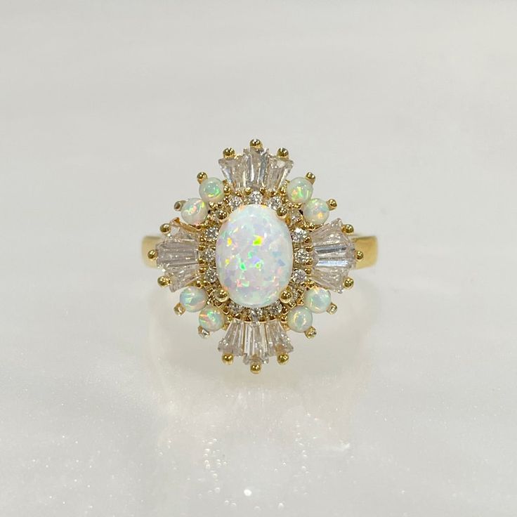 Opal Art Deco Engagement Ring 14k Vintage Opal Wedding Ring - Etsy White Oval Baguette Diamond Jewelry, White Multi-stone Marquise Cut Rings, White Marquise Cut Multi-stone Rings, White Baguette Diamond Jewelry For Anniversary, White Cluster Ring With Baguette Cut For Wedding, Exquisite 14k Gold Baguette Cut Ring, Luxury White Cluster Ring With Baguette Cut, Luxury White Cluster Ring With Baguette Diamonds, 14k Gold Multi-stone Baguette Cut Ring