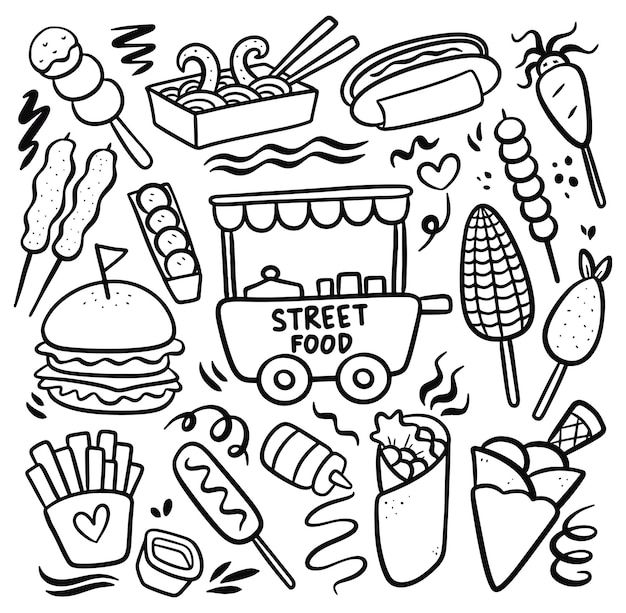 a black and white drawing of street food with the words street food written in it