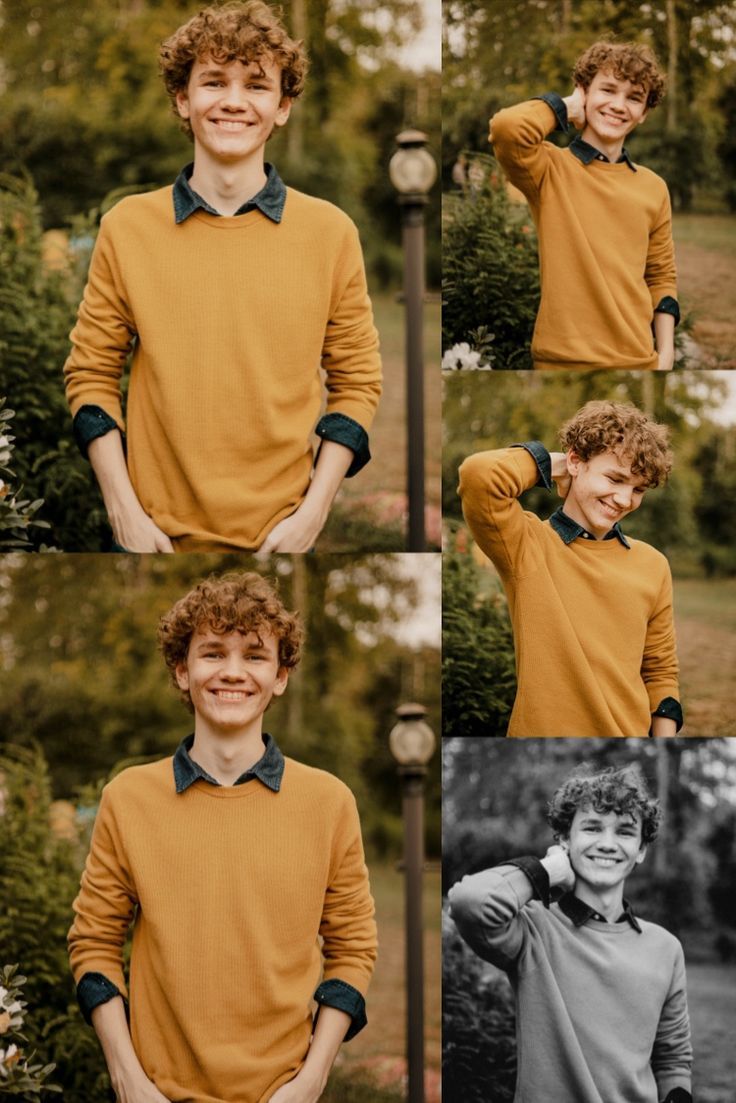 four different pictures of a young man wearing a sweater