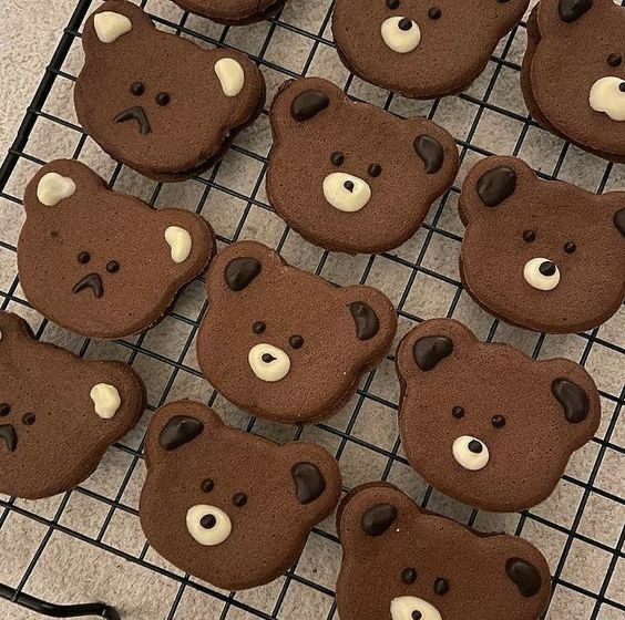 chocolate teddy bear cookies on a cooling rack