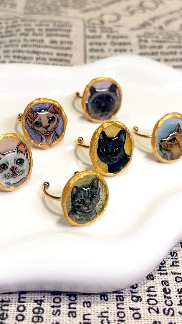 six different cat pictures are shown on the side of a white plate with gold rims