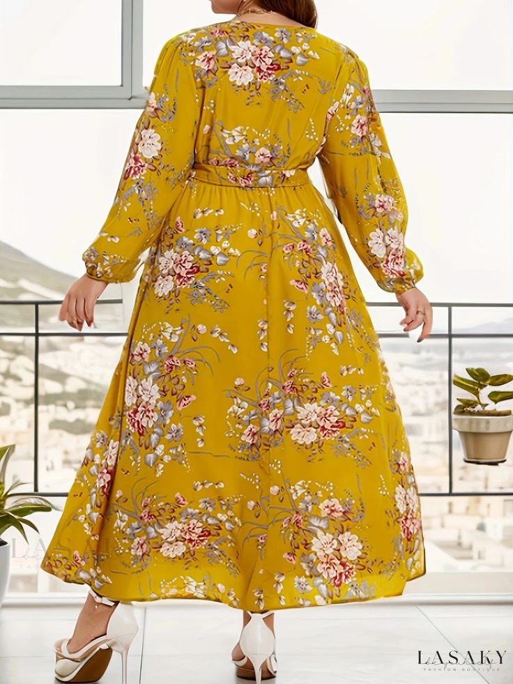 Lasaky - Floral Print Lantern Sleeve Surplice Neck Plus Size Casual Dress: Womens Elegant Maxi Dress with Belt and Slight Stretch Yellow Chiffon Long Sleeve Dress, Casual Yellow Chiffon Maxi Dress, Yellow Floral Print Non-stretch Dress, Yellow Long Sleeve Midi Dress With Floral Print, Long Sleeve Printed Yellow Midi Dress, Yellow Printed Long Sleeve Midi Dress, Yellow Printed Long Sleeve Dress, Yellow Non-stretch Long Sleeve Dress, Yellow Flowy Long Sleeve Dress