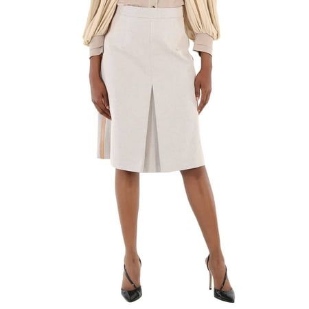 Burberry Ladies Bottoms. Fashion category: Skirts. SKU: 8039343. Color: Soft Fawn Melange. Burberry Soft Fawn Melange Box Pleated Cotton Canvas A-Line Skirt. Concealed side hook-and-eye and zip closure. Outer: 100% cotton, trim: 100% calf leather, lining: 100% cupro. Made in Italy. Size: 4.  Color: Brown.  Gender: female.  Age Group: adult. Fitted Skirt With Pockets For Daywear, Fitted Skirt For Daywear, Elegant Daywear Pencil Skirt, Spring Pencil Skirt Suit, Formal Fitted Pleated Skirt With Pockets, Elegant Pleated Bottoms For Daywear, Elegant Solid Mini Skirt With Pockets, Daywear Beige Flared Skirt, Beige Flared Skirt For Daywear