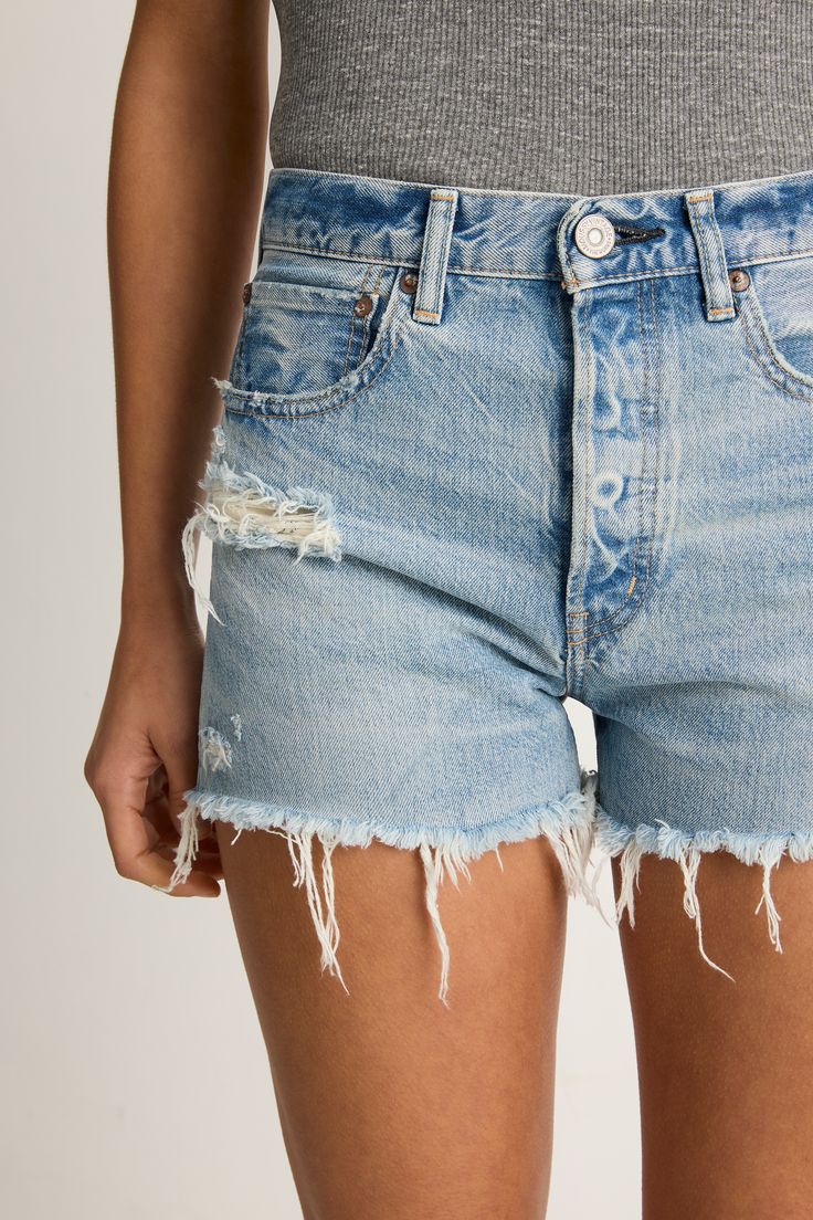 A Moussy best-seller, these high-rise denim shorts are made in Japan using mid-weight non-stretch denim. Button fly. 5 pocket styling. Mid-rise Light Wash Jean Shorts, Washed Blue Rigid Denim Summer Bottoms, Summer Washed Blue Rigid Denim Bottoms, Washed Blue Rigid Denim Bottoms For Summer, Everyday Light Wash Shorts With Pockets, Light Wash Jeans With Frayed Hem, Everyday Blue Straight Leg Jean Shorts, Blue Straight Leg Jean Shorts For Everyday, High Rise Light Wash Jean Shorts With Built-in Shorts