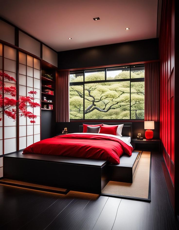 a bed room with a neatly made bed next to a window and a painting on the wall