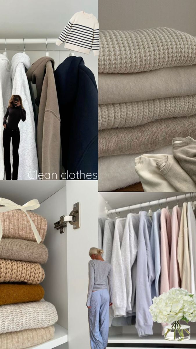 there is a woman standing in the closet next to some folded towels and sweaters