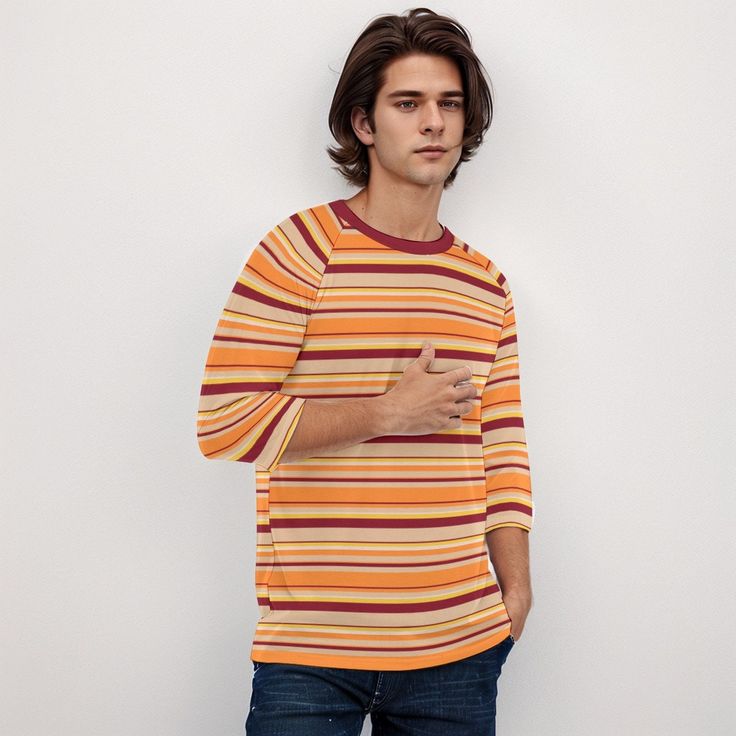 • 70s TShirt Style: Channel the groovy 70s vibe with this stylish maroon and orange stripe shirt, a must-have for any retro enthusiast.• Hippie Top Men: Embrace the carefree hippie style with this vintage-inspired shirt, perfect for casual and laid-back occasions.• Vintage Style Shirt Men: This shirt features a classic 70s design with bold stripes, offering a nostalgic and timeless look.• Hipster Shirt: Ideal for the modern hipster, this 70s inspired shirt in maroon and orange adds a unique touch to any outfit.Designed by Trendy Hip Buys in California. Made to order from overseas.● Fabric: Jersey(95% polyester and 5% spandex)● Regular fit● O-neck, 3/4 raglan sleeve● Fabric weight: 120g/m● Care Instruction: machine wash cold with similar colors, do not bleach, tumble dry low, do not iron, d Retro Long Sleeve T-shirt For Spring, Retro Orange T-shirt For Spring, Retro Orange T-shirt For Fall, Retro Orange Cotton Shirt, Brown Retro Top With Relaxed Fit, Retro Multicolor Long Sleeve T-shirt, Cotton Tops With Retro 70s Print, Retro Brown T-shirt For Fall, 70s Inspired Cotton Tops With Retro Print