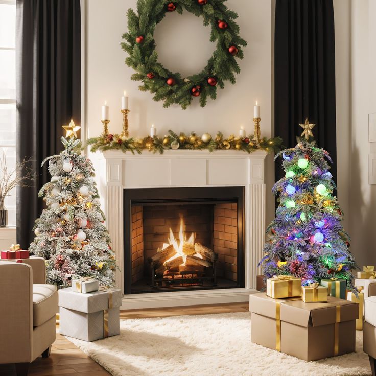 a living room decorated for christmas with presents around the fire place and decorations on the mantle