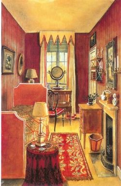 a painting of a living room with red walls and furniture, including a fireplace in the corner