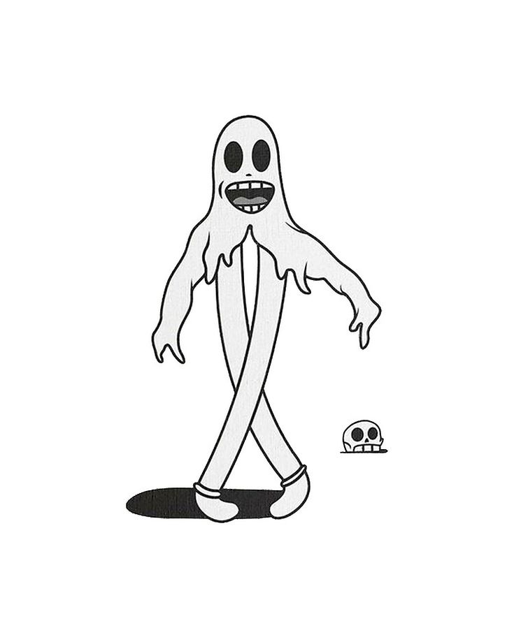 a black and white drawing of a person walking with a skull on the ground in front of them