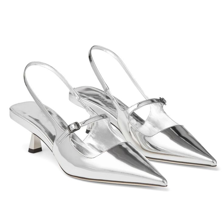 PRICES MAY VARY. 💝 Composition: Upper is made from patent or metallic leather with a soft hand and subtle surface texture. 👠Chic Heels: Elevate your outfit with these slingback pumps standing out with stylish 45mm heels suitable for any occasion. 🎀 Closure: Elasticated strap and buckled 💎Sling-back Sandals: Experience ultimate comfort with soft leather insoles and non-slip rubber outsoles, ensuring a secure and cozy fit all day long. 💃Perfect: Effortlessly pair these versatile heels with al Jimmy Choo Flats, Pointed Pumps, Silver Pumps, Slingback Shoes, Silver Shoes, Patent Leather Pumps, Slingback Heel, Leather Silver, Didi