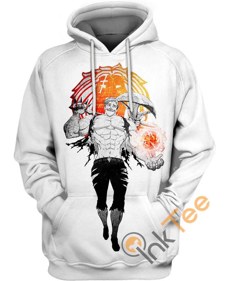 a white hoodie with an image of a man holding an umbrella and two skulls on it