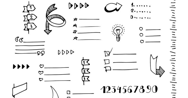 various hand drawn symbols and numbers on white paper