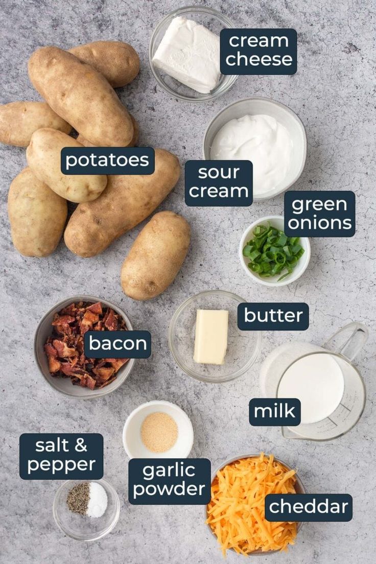 the ingredients needed to make this potato salad are shown in separate bowls and labeled with words