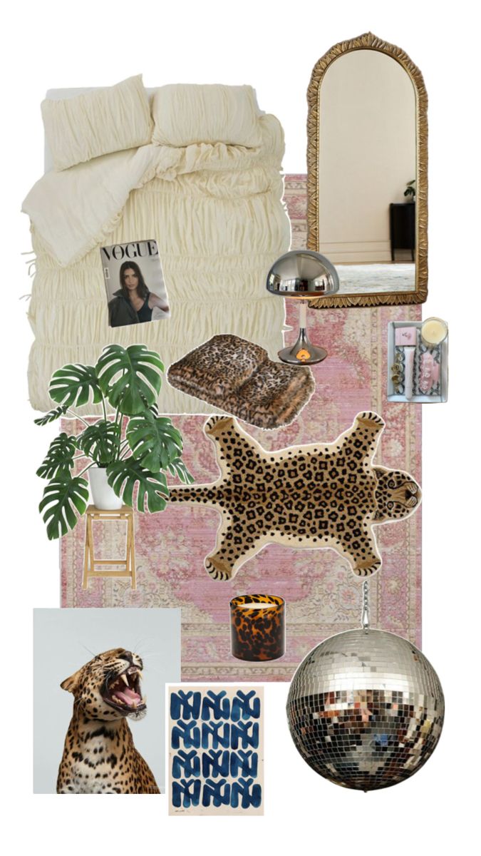 a collage of items including a mirror, leopard print and other things on display