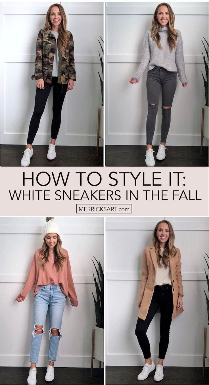 4 Ways to Wear White Sneakers in the Fall - Merrick's Art Work Outfits Women White Sneakers, Dressed Up Tennis Shoes Outfit, Casual Work Outfits Tennis Shoes, Cute Work Outfits With Tennis Shoes, Drs Appointment Outfit Casual, Chealse Boots Outfit, White Sneakers Women Outfit, White Tennis Shoes Outfit, Sneaker Outfit Fall