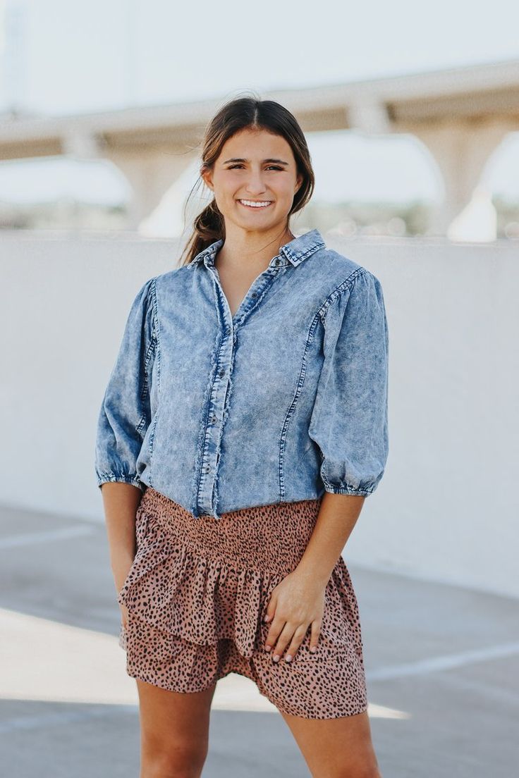 Denim Tops With Built-in Shorts In Relaxed Fit, Faded Denim Button-up Tops, Indigo Denim Top With Button Closure, Relaxed Fit, Cotton Denim Button-up Top With Frayed Hem, Washed Blue Button-up Top With Frayed Hem, Gift Boutique, Puff Sleeve Top, Kirby, Puff Sleeve