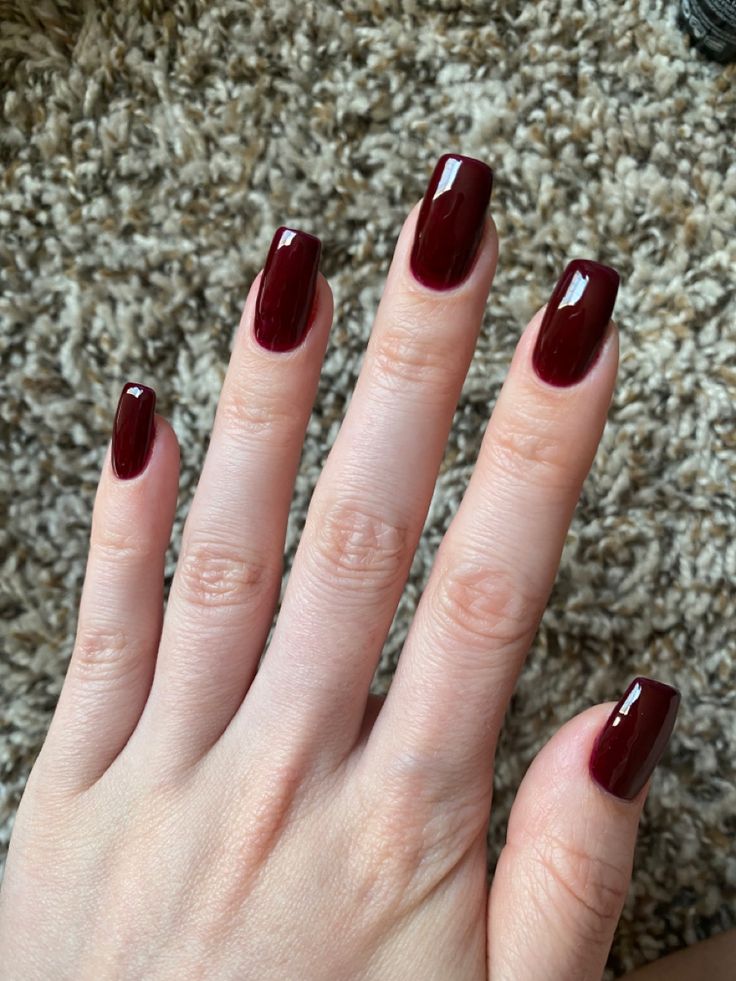 She is showing her nails which are short, square shaped, and dark red Nail Designs Square Shape Classy, Dark Red Nails Polish, One Color Nails Winter, Super Dark Red Nails, Deep Red Square Acrylic Nails, Dark Cherry Red Nails Square, Dark Nails Colors, Manicure Dark Colors, Deep Red Wine Nails