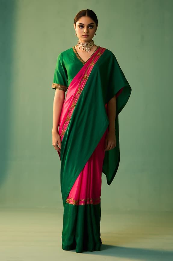 Green and pink habutai silk saree with dori, marori and zardosi hand embroidery. - Aza Fashions Indian Colour Combinations, Pink Raw Silk Pre-draped Saree With Dupatta, Festive Pink Raw Silk Pre-draped Saree, Pink Raw Silk Saree With Dori Work, Pink Raw Silk Pre-draped Saree With Resham Embroidery, Pink Silk Pre-draped Saree With Cutdana, Pink Silk Pre-draped Saree With Dori Work, Pink Raw Silk Pre-draped Saree For Puja, Pink Katan Silk Kurta With Zari Work