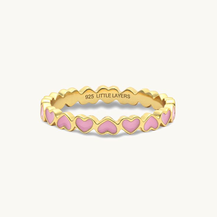 Sweeten up your ring stack or spoil a friend with rosy hues and heartfelt vibes. Handcrafted in 14k Gold Vermeil Unlike standard gold plating, our vermeil features a precious sterling silver base, coated in a thick layer of 14k gold. It gives a solid gold feel without the solid gold price point. Pretty Ring Stack, Gold Kendra Scott Ring, Cute Little Rings, Every Jewels Rings, Valentine Gold Jewelry, Ours Ring, Pink Gifts For Friends, Gold Rings Thick, Gold Pink Jewellery