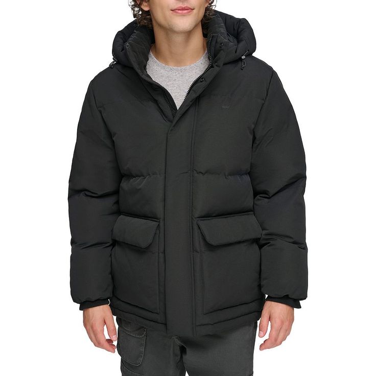 Stay warm when it counts most with this stylish Men's Levi's Heavyweight Hooded Puffer Parka Coat. Click on this MEN'S GUIDE to find the perfect fit and more! FEATURES Attached hood Long sleeves Zipper front closure 2 front flap pockets pockets Water repellent design Heavyweight warmth ratingFIT & SIZING Mid lengthFABRIC & CARE Body & fill: polyester Machine wash delicate Imported Color: Black. Gender: male. Age Group: adult. Puffer Parka, Hooded Parka, Jacket Parka, Parka Coat, Mens Hooded, Sherpa Lined, Outerwear Coats, Ski Jacket, Levis Men