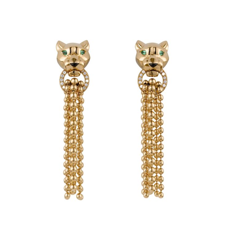 Panthère de Cartier pendant earrings, 18K yellow gold (750/1000), each set with 34 brilliant-cut diamonds totaling 0.1 carat, tsavorite garnet eyes, onyx. Length: 47.43 mm. Width of the pattern: 10.37 mm. Width of the pattern: 11 mm. Thickness of the pattern: 10.86 mm. Scope of Delivery: Comes with Box Ref. N8515072 SKU: CAR01436 Please don't hesitate to contact us for any additional details. Luxury Cartier Diamond Earrings, Elegant Cartier Diamond Earrings, Cartier Yellow Gold Formal Earrings, Cartier Yellow Gold Jewelry For Evening, Luxury Cartier Yellow Gold Earrings, Luxury Cartier Formal Earrings, Elegant Cartier Earrings For Gifting, Elegant Cartier Earrings For Gift, Luxury Cartier Earrings