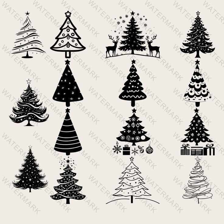 christmas tree silhouettes are shown in black and white