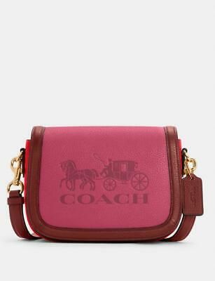 (eBay) Coach C5776 Saddle Bag Horse & Carriage Colorblock Leather Bright Violet & Red Designer Compact Travel Bags, Designer Compact Bag With Removable Pouch, Compact Red Travel Bag, Coach Leather Crossbody Wallet, Coach Leather Wallets With Detachable Strap, Designer Red Bags With Interior Card Slots, Designer Compact Pink Bag, Compact Coach Leather Bag, Compact Leather Coach Bag