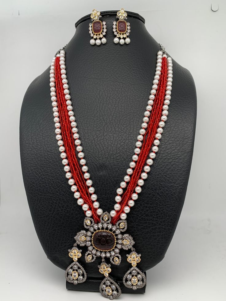 Red Stone AD Victorian Polish Pendent and Red Crystal Beads Pearls Necklace, Rani Haar, Indian Jewelry, Pakistani Jewelry, Trendy Jewelry, Rani Haar, Indian Jewelry, Pakistani Jewelry, Trendy Jewelry Necklace Length : 24 Inches; Earring Length : 2 inches Red Round Beads Temple Jewelry, Red Pearl Temple Jewelry Necklace For Festivals, Red Pearl Necklace Temple Jewelry For Festivals, Red Temple Jewelry Pearl Necklace For Festivals, Festive Red Pearl Necklace With Round Beads, Red Pearl Necklace For Festive Gift, Red Pearl Necklace Gift For Festive Occasions, Festive Red Jewelry With Dangling Beads, Festive Red Pearl Necklace As Gift