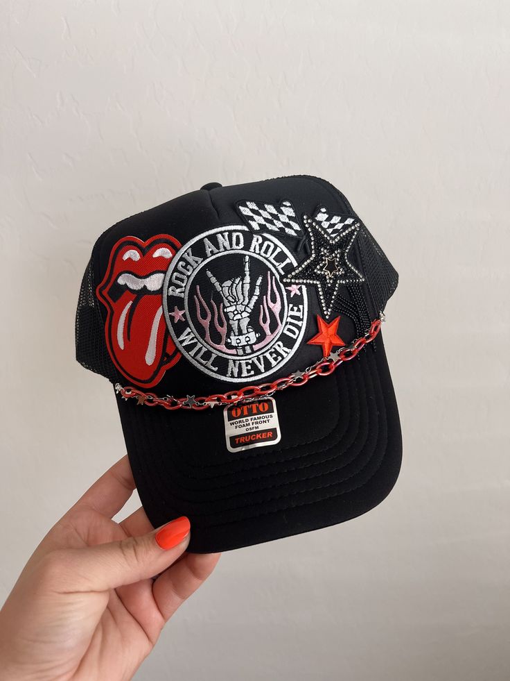 This custom made trucker patch hat is perfect for any occasion whether it be for spring/summer time, a lake hat, a gift for someone, or just a cute accessory to add a little spice to your outfit 🧢✨ DETAILS-  * This hat is one size with an adjustable SnapBack that is adjustable from 20in. - 23.5in. * The color of this hat is Black  * The material of the hat is polyester with iron on patches  REFUNDS AND CANCELLATIONS- Every hat is handmade by me as a result, a slight variation can occur from the picture with patch size or placement. If you have any problems with your hat please message me within 24 hours of receiving your order and I'd be happy to help! No refunds or exchanges will be accepted after. PRODUCTION TIME- The turn around time is 5-7 business days not including shipping.  CONNEC Custom Trucker Hats Patches, Trucker Hats With Patches Diy, Hat Design Ideas, Trucker Hats With Patches, Hat With Patches, Patch Crafts, Trucker Hat Outfit, Iron Patches, Camo Trucker Hat