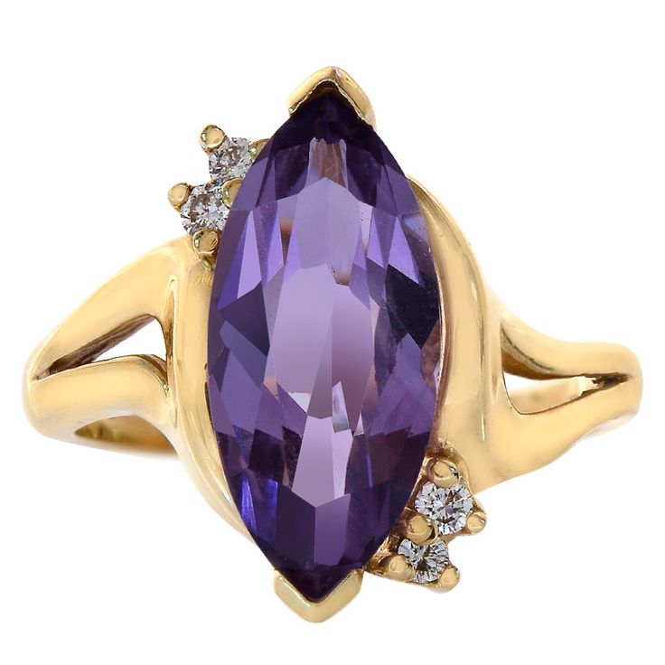 Amethyst Is A Meditative And Calming Stone Which Works In The Emotional And Physical Planes To Promote Calm And Peace. Simply Stunning, This Gemstone Ring Showcases An Elegant Marquise Cut 3.00 Carat Total Carat Weight (Size Of A Gemstone 14x7mm) Amethyst Gemstone And Diamond Accent 0.08 Carat Total Weight In A Prong Setting, Color/Clarity I,J-Si2. Set In 14k Yellow Gold, Ring Weighs 4.4 Grams, Width 16.3 Mm And Is Size 5.75. Free Re Sizing. Wcr3716 Formal Amethyst Birthstone Ring With Gemstone Accents, Formal Purple Birthstone Ring With Prong Setting, Purple Diamond Ring In Fine Jewelry Style, Purple Diamond Ring Fine Jewelry, Formal Purple Amethyst Ring With Vvs Clarity, Formal Purple Diamond Ring With Gemstone Accents, Purple Amethyst Gemstones With Diamond Accents, Amethyst Diamond Ring With Accent Stones, Formal Purple Amethyst Ring With Diamond Accents