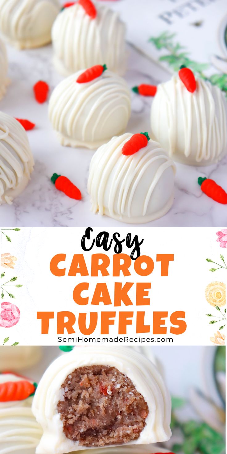 carrot cake truffles with white frosting and red peppers on the top one is cut in half