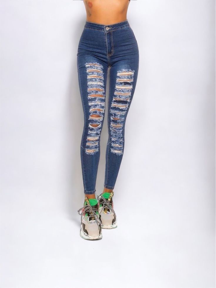 Enhance your denim collection with these extreme ripped jeans! Featuring a mid-blue denim wash, a trendy distressed look, and a high waist, they're a must-have for any fashion-forward wardrobe. Style them with a crop top and stunning heels for the ultimate party outfit. Perfect for those searching for stylish ripped jeans, high-waisted denim, and trendy distressed jeans. Material: 75% Cotton 23% Polyester 2% Spandex Product care: See care label Product Info Length: 29” / 74 cm Model wears size S Model Height - 5ft 7" Refunds For UK orders: we have a 14-day return policy, which means you have 14-days after receiving your item to request a return International orders: return’s must be made within 30-days of delivery date Please be aware all return shipping cost are the responsibility of the High Waist Ripped Jeans In Medium Wash, High Waist Distressed Dark Wash Jeans, High-waisted Distressed Dark Wash Jeans, High Waist Dark Wash Ripped Jeans, Distressed High-waist Denim Blue Jeans, Distressed High Waist Denim Blue Jeans, High-waist Distressed Dark-wash Jeans, Trendy Ripped Dark Wash Jeans, Trendy Ripped Cropped Jeans