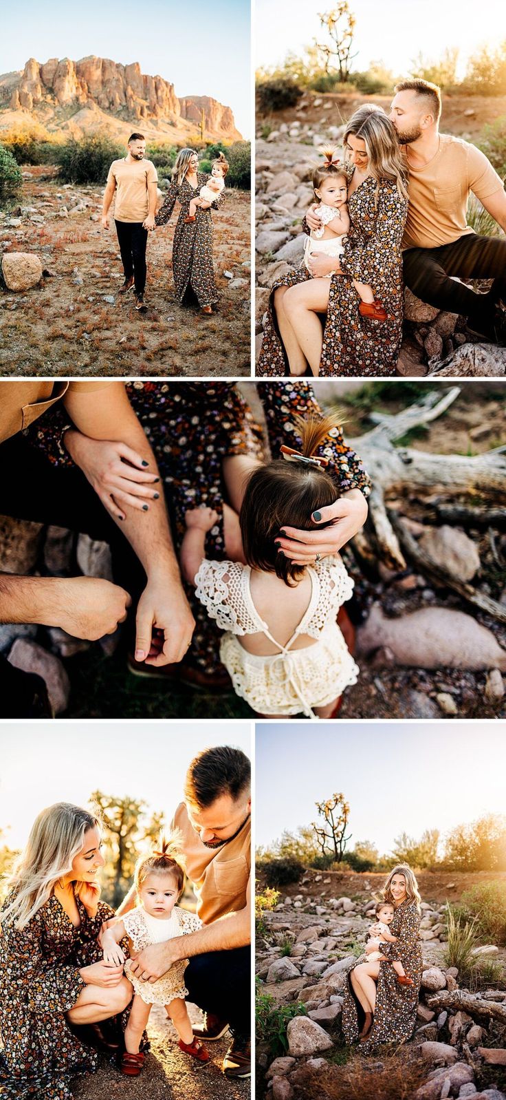 a collage of photos showing people and animals in the desert, with one woman holding her baby