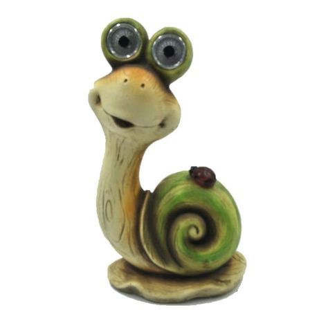 a ceramic figurine of a snail with eyes on it's head, sitting in front of a white background