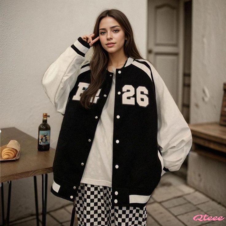 Qteee - Premium Letter Embroidered Relaxed Fit Baseball Jacket Black Varsity Jacket For College In Spring, Casual Patchwork Crew Neck Outerwear, Black Oversized Outerwear For College, Black Long Sleeve Varsity Jacket With Patchwork, Black Patchwork Varsity Jacket For Fall, Black Varsity Outerwear For Spring, College Fall Crew Neck Outerwear, Fall College Crew Neck Outerwear, Oversized Black Varsity Jacket For Winter