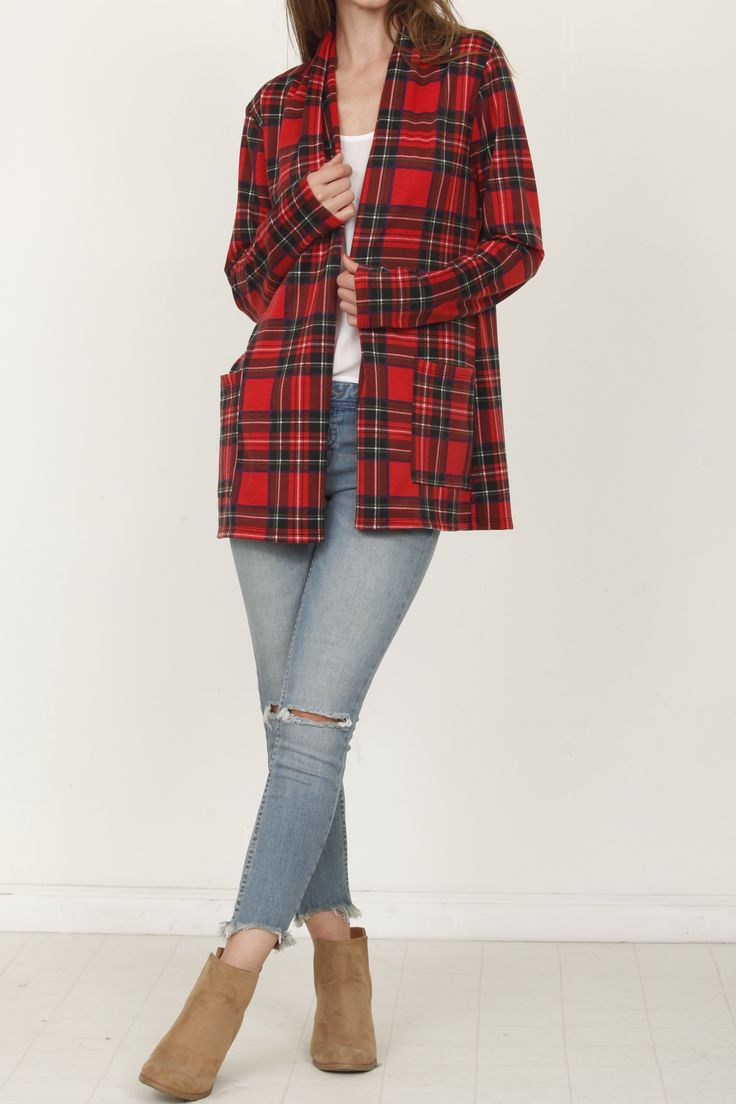 95% Polyester 5% Spandex Made in the USA S size length 30" Pockets Trendy Plaid Long Sleeve Cardigan, Stretch Cotton Cardigan For Fall, Trendy Stretch Cardigan For Fall, Fitted Plaid Long Sleeve Sweater, Winter Plaid Cotton Cardigan, Fitted Long Sleeve Plaid Sweater, Plaid Long Sleeve Cardigan For Work, Fall Stretch Long Sleeve Cardigan, Fitted Casual Cardigan For Fall