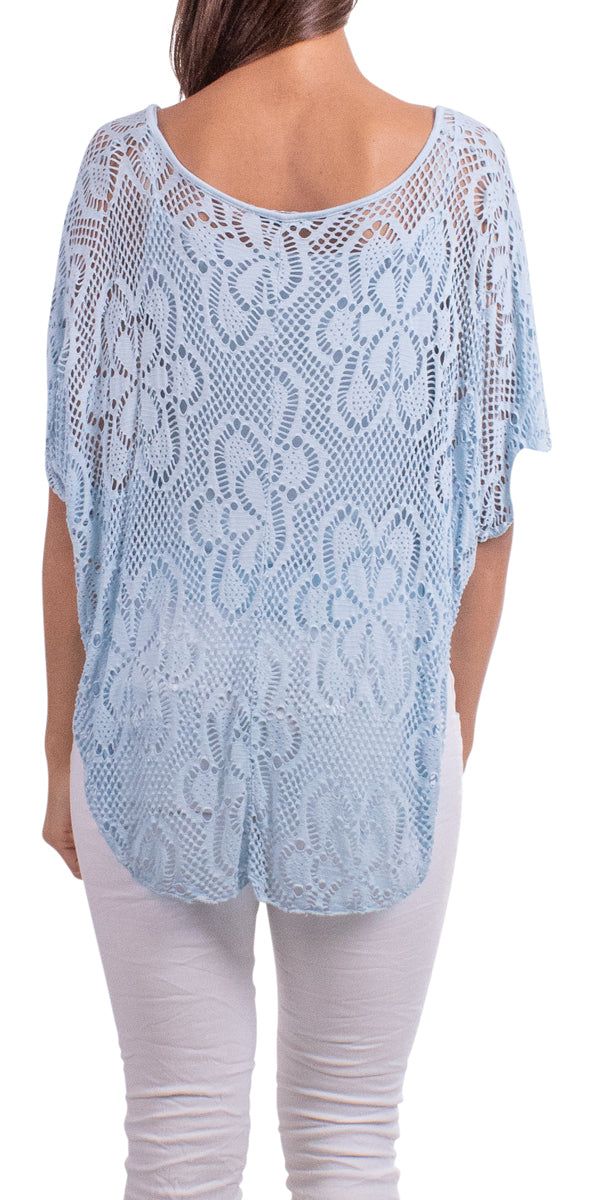 Elegant, soft and stretchy lace-style knit top in a floral design, with short wide sleeves. Exterior 100% Viscose | Interior 95% Viscose 5% Elastic One Size fits most Made in Italy Model is 5'8 Short Sleeve Open Knit Tops For Vacation, Short Sleeve Lace Tops For Spring, Spring Lace Tops With Short Sleeves, Vacation Open Knit Short Sleeve Tops, Short Sleeve Lace Top For Vacation, Spring Vacation Knit Top With Short Sleeves, Lace Short Sleeve Top For Vacation, Short Sleeve Open Knit Crochet Top, Lace Crochet Open Knit Top With Short Sleeves