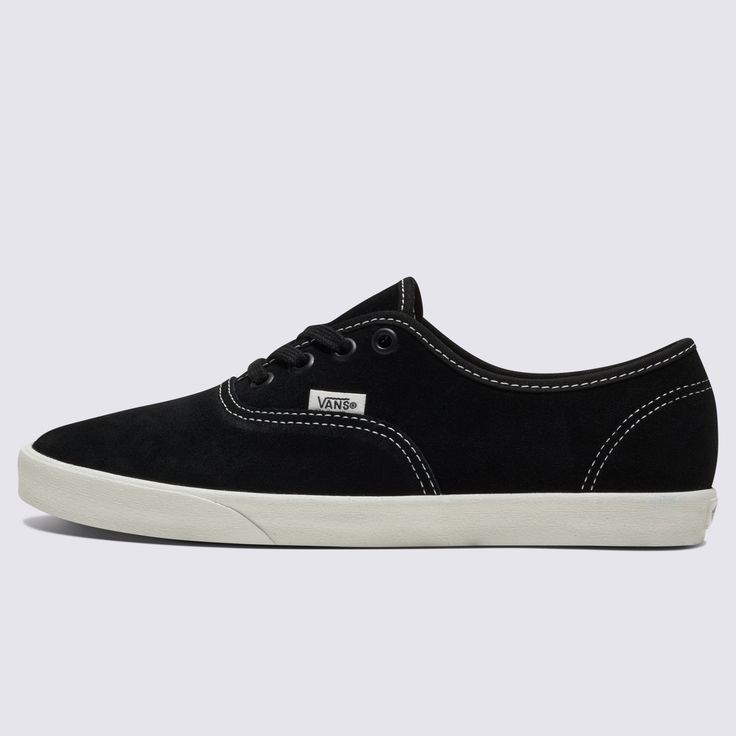 The Original Heritage Shoe with a Low-Profile BuildThe Authentic Lowpro returns with elevated suede uppers and an all-black colorway that brings a sleek look to this slimmed-down silhouette. Finished with iconic rubber waffle outsoles and the recognizable aesthetic of our original Authentic, the Authentic Lowpro Suede is a timeless take on a perennial classic. Whether you call it a Lowpro, Low Pro, Low-Pro, Lo pro, or Lo-pro, it all refers to the same slimmed-down classic style you love. Heritag Vans Suede Sneakers With Branded Insole, Vans Suede Sneakers With Contrast Sole, Suede Round Toe Sneakers For Skateboarding, Black Classic Sneakers With Vulcanized Sole, Black Suede Lace-up Sneakers, Vans Urban Suede Sneakers, Urban Vans Suede Sneakers, Classic Leather Vans Sneakers, Black Suede Sneakers With Gum Sole