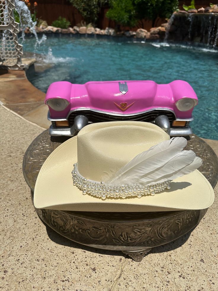 The Mrs. - Gorgeous, Custom Straw Hat- Cowboy Style with beautiful pearl hat band with white feathers.  Size - Smal/Medium Pearl Hat Band, Pearl Hat, Alabama Roll Tide, Chapeau Cowboy, Cowboy Style, White Feathers, Absolutely Fabulous, Beautiful Hats, Hat Band