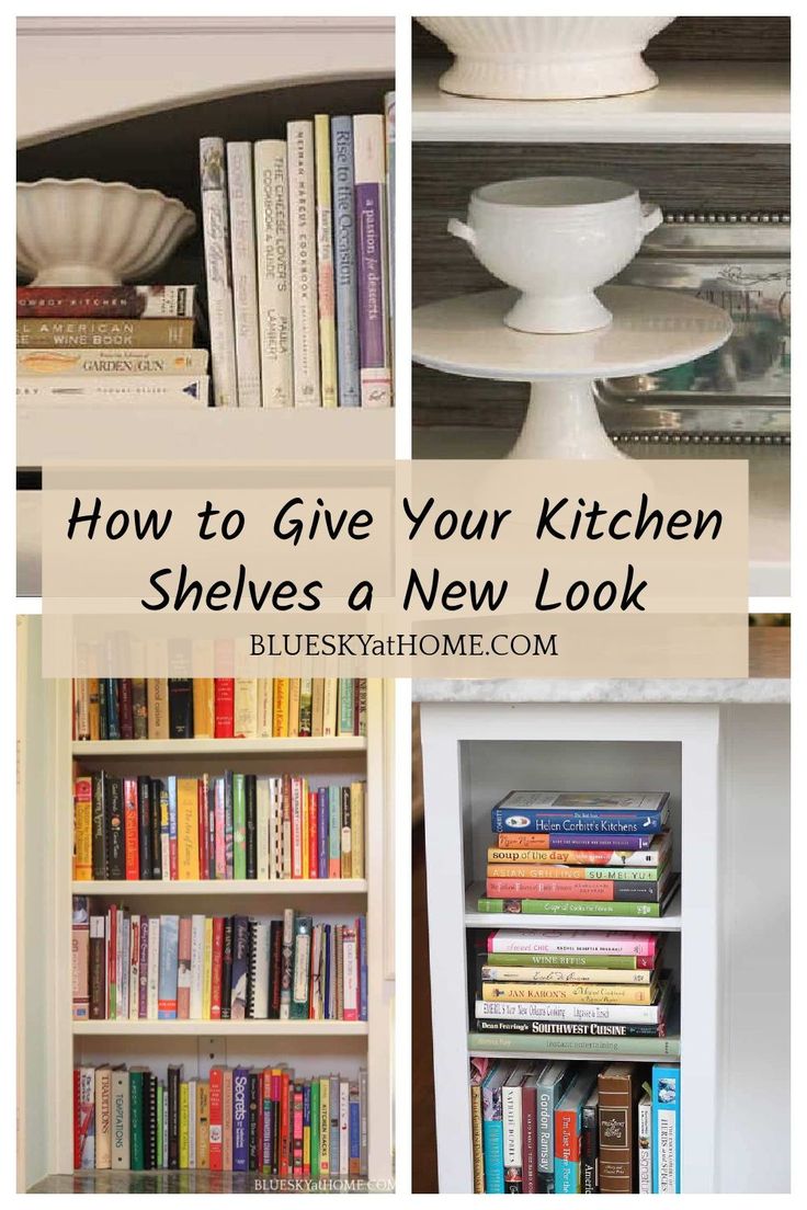 the kitchen shelves are filled with books and other things to put in them for storage